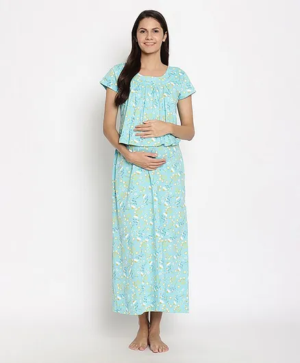 Kriti Half Sleeves Floral Printed Maternity Nighty - Blue
