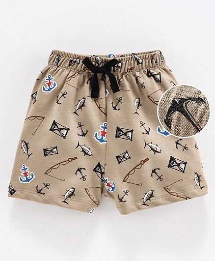 Cucumber Shorts with Drawstring Fish Print - Brown
