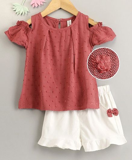 Kookie Kids Cold Shoulder Embroidered Top & Shorts - Coral White