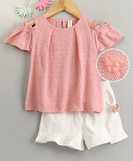 Kookie Kids Cold Shoulder Embroidered Top & Shorts - Pink White