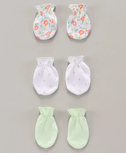 Babyhug Mittens Floral & Dot Print Pack of 3 - Light Green White