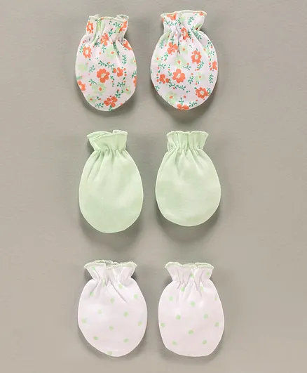 Babyhug Mittens Floral & Dot Print Pack of 3 - Light Green White