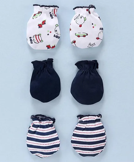 Babyhug 100% Cotton Mitten Kitty Print Pack of 3 - White Navy Blue
