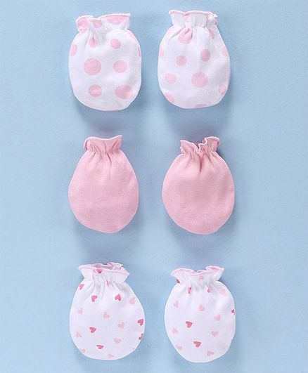 Babyhug 100% Cotton Mitten Heart Print Pack of 3 - White Pink