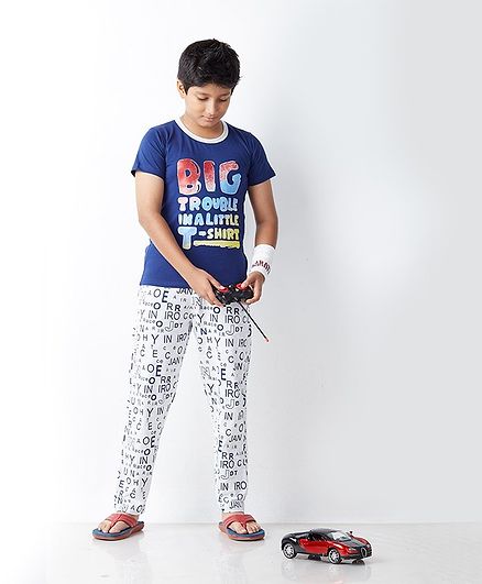 Soft Touche Big Trouble In A little T-Shirt Printed Half Sleeves Night Suit - Blue