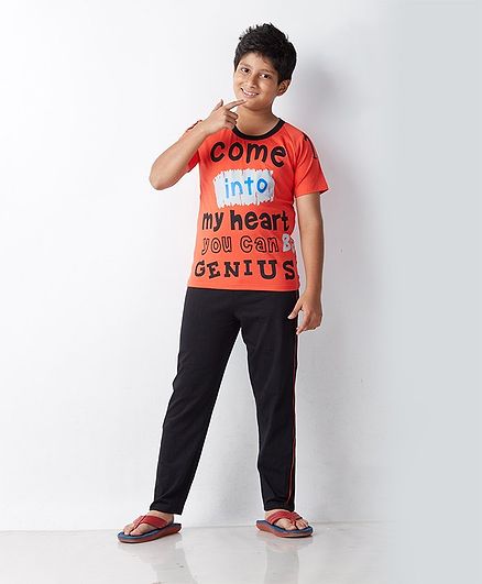 Soft Touche Come Into My Heart You Be Genius Print Half Sleeves Night Suit - Orange