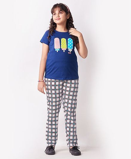 Soft Touche Ice Cream Print Half Sleeves Checked Night Suit - Blue White