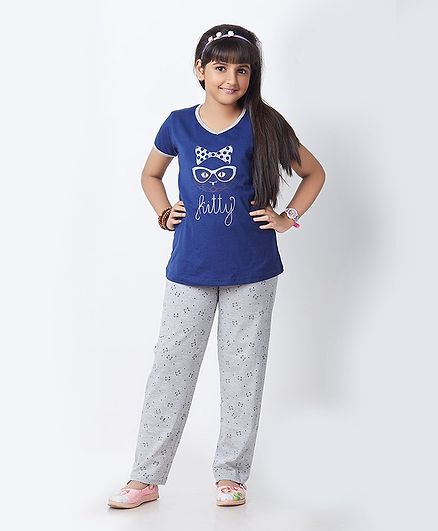 Soft Touche Kitty Print Half Sleeves Night Suit - Blue Grey