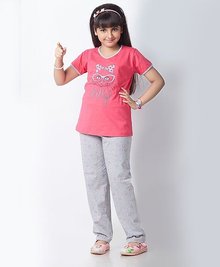 Soft Touche Kitty Print Half Sleeves Night Suit - Pink Grey
