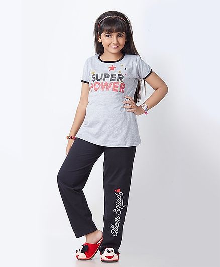 Soft Touche Super Power Print Half Sleeves Night Suit - Grey Black