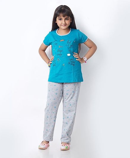 Soft Touche Half Sleeves Text Print Night Suit - Blue Grey