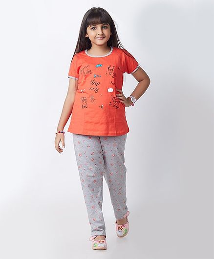 Soft Touche Half Sleeves Text Print Night Suit - Orange Grey
