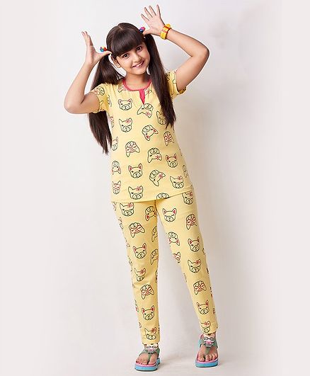Soft Touche Half Sleeves Dog Print Night Suit - Yellow