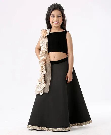 PinkCow Sleeveless Choli With Lehenga & Contrast Ruffled Dupatta - Black