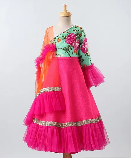 PinkCow Full Sleeves One Shoulder Floral Print Choli With Lehenga & Dupatta - Green Pink