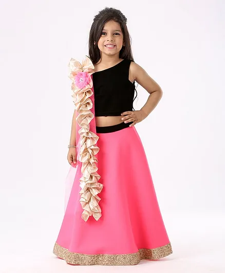 PinkCow Sleeveless Choli With Ghagra & Ruffled Dupatta - Black Pink