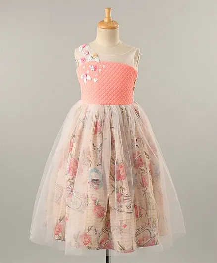 PinkCow Sleeveless Flower Print Gown - Peach