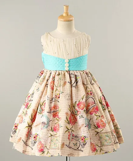 PinkCow Sleeveless Pearl Detailed Flower Print Dress - Cream