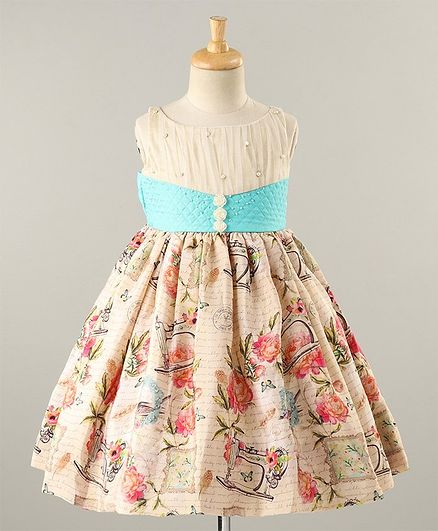 PinkCow Sleeveless Pearl Detailed Flower Print Dress - Cream