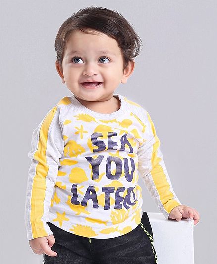 Babyoye Cotton Raglan Sleeves Tee Text & Aquatic Animals Print -White Grey