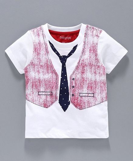 Babyoye Cotton Half Sleeves Tee Mock Waistcoat & Tie - White Pink