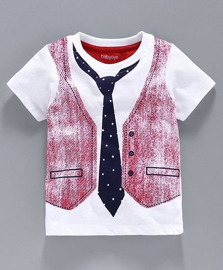 Babyoye Cotton Half Sleeves Tee Mock Waistcoat & Tie - White Pink