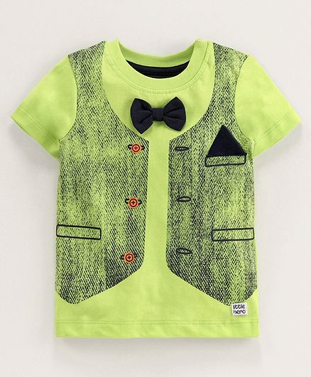 Babyoye Cotton Half Sleeves Mock Jacket T-Shirt Bow Applique - Green