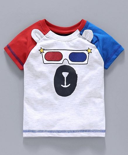 Babyoye Cotton Raglan Sleeves Tee Bear Design - Grey Red Blue