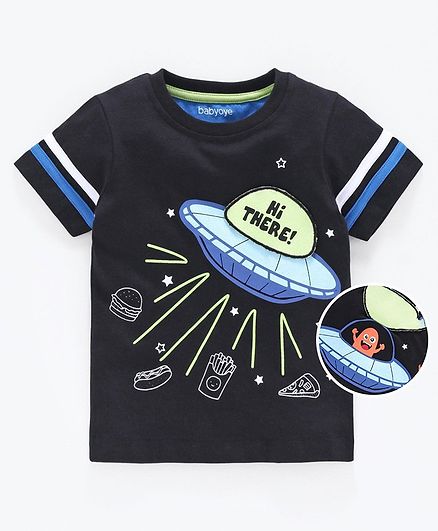 Babyoye Cotton Half Sleeves Tee Spaceship Print - Black