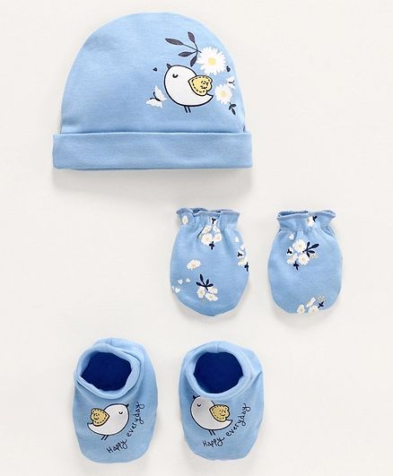 Babyoye Cotton Cap & Mittens With Booties Bird Print - Blue