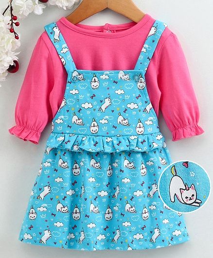 Babyhug Dungaree Style Frock With Balloon Sleeves Top Animal Print - Blue Pink
