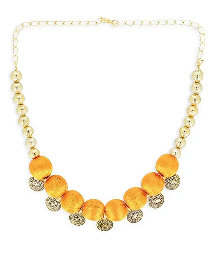 AKSHARA Silk Thread Detailing Beaded Oxidised Coin Necklace - Yellow