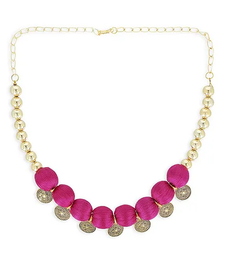 AKSHARA Silk Thread Detailing Beaded Oxidised Coin Necklace - Pink