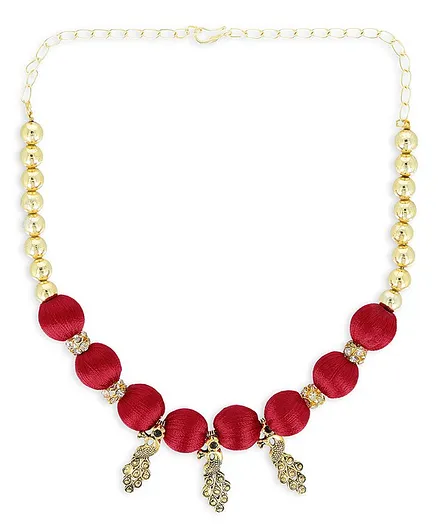AKSHARA Silk Thread Detailing Beaded Oxidised Peacock Necklace - Red