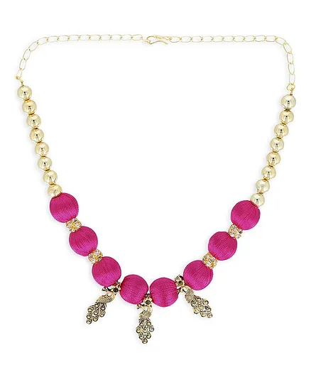AKSHARA Silk Thread Detailing Beaded Oxidised Peacock Necklace - Pink