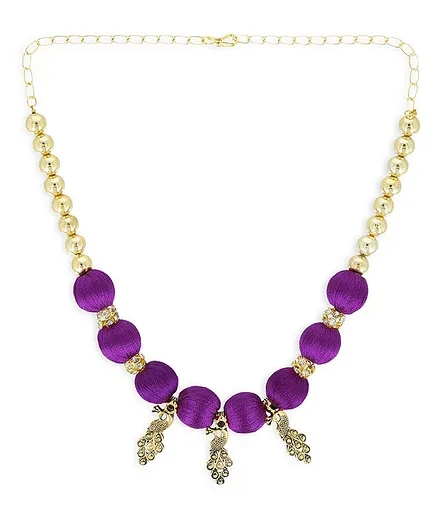 AKSHARA Silk Thread Detailing Beaded Oxidised Peacock Necklace - Violet