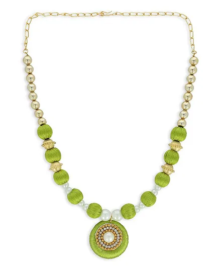 AKSHARA Pendent With Gold Spacer Silk Thread Necklace - Leaf Green