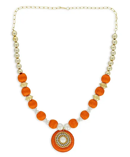 AKSHARA Pendent With Gold Spacer Silk Thread Necklace - Orange