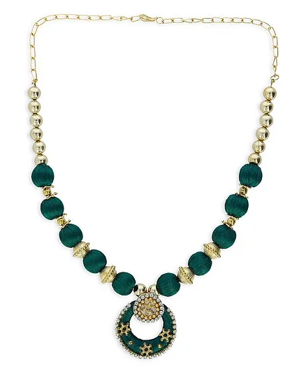 AKSHARA Studded Pendent With Stone Ball Silk Thread Necklace - Green