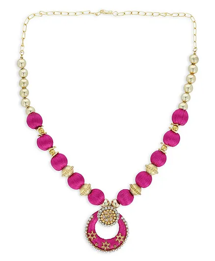 AKSHARA Studded Pendent With Stone Ball Silk Thread Necklace - Pink