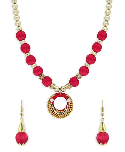 AKSHARA Pendent With Gold Beads Silk Thread Necklace & Earrings Set - Red