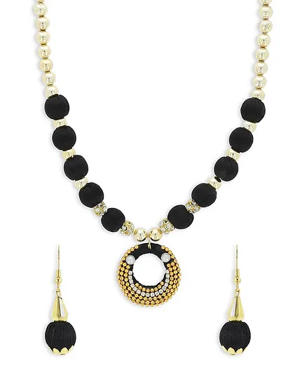 AKSHARA Pendent With Gold Beads Silk Thread Necklace & Earrings Set - Black