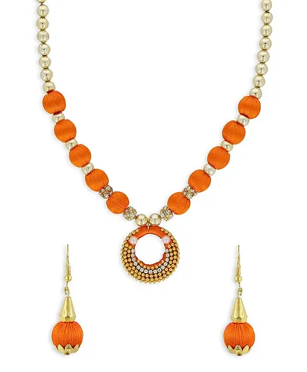 AKSHARA Pendent With Gold Beads Silk Thread Necklace & Earrings Set - Orange