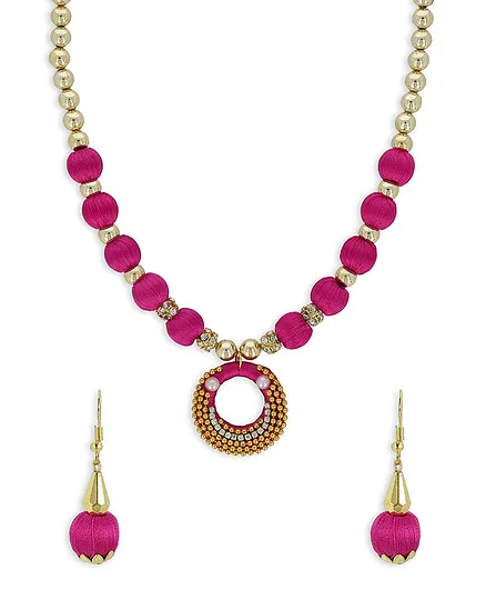 AKSHARA Pendent With Gold Beads Silk Thread Necklace & Earrings Set - Pink