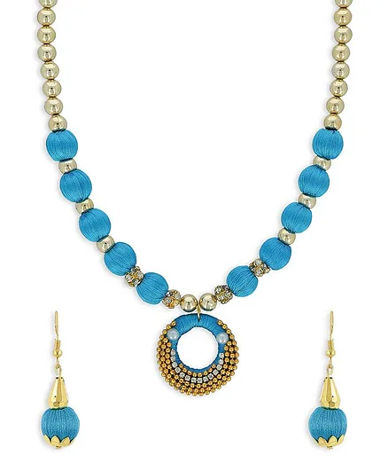 AKSHARA Pendent With Gold Beads Silk Thread Necklace & Earrings Set - Sky Blue