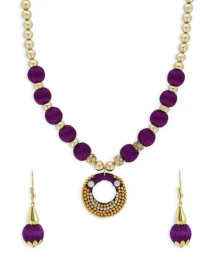 AKSHARA Pendent With Gold Beads Silk Thread Necklace & Earrings Set - Purple