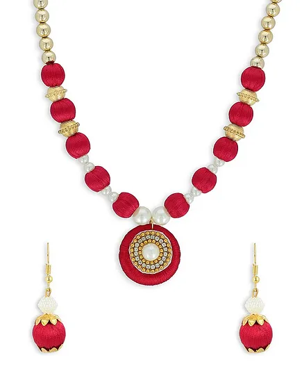 AKSHARA Pendent With Pearl Ball Silk Thread Necklace & Earrings Set - Red