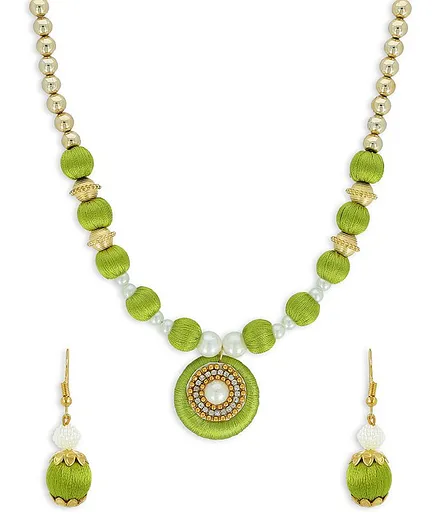 AKSHARA Pendent With Pearl Ball Silk Thread Necklace & Earrings Set - Green