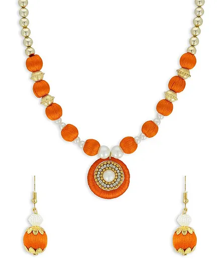 AKSHARA Pendent With Pearl Ball Silk Thread Necklace & Earrings Set - Orange