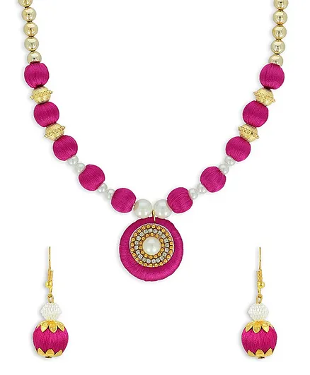 AKSHARA Pendent With Pearl Ball Silk Thread Necklace & Earrings Set - Pink